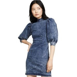 Ganni Denim Blue Puff Sleeve Mini Dress